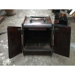 Antique wooden coal scuttle - lovely door mechanism