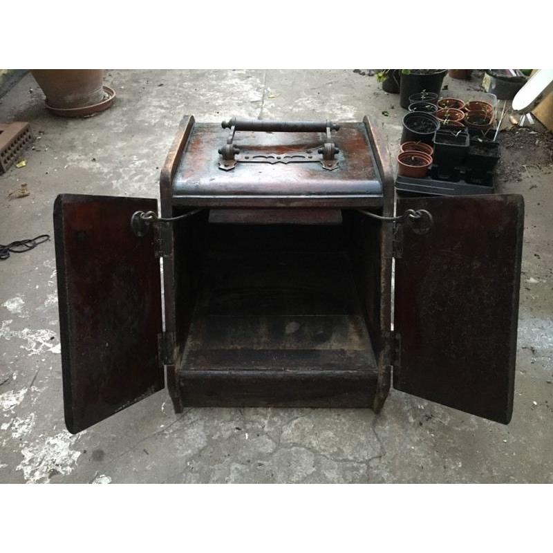 Antique wooden coal scuttle - lovely door mechanism