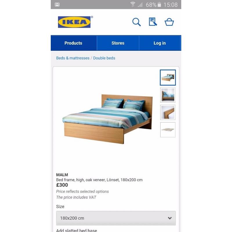 Ikea "Malm" large double bed in light wood
