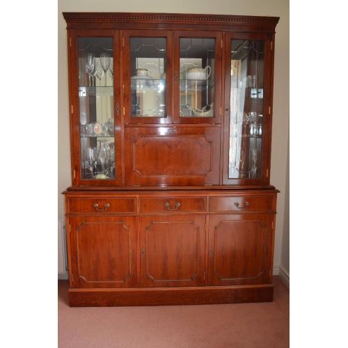 Antique yew wood side board with matching display unit