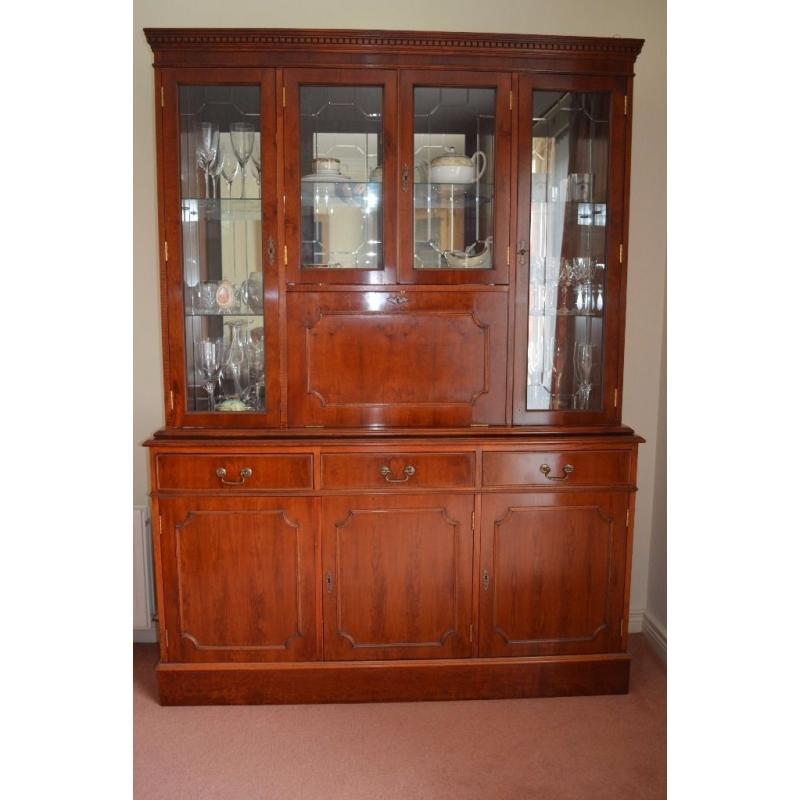 Antique yew wood side board with matching display unit