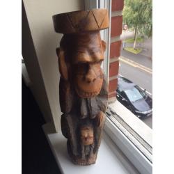 TALL CHIMP AND BABY ASH TRAY CARVED FROM WOOD