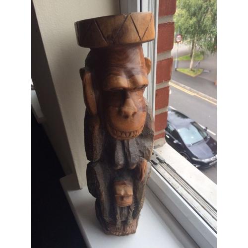 TALL CHIMP AND BABY ASH TRAY CARVED FROM WOOD