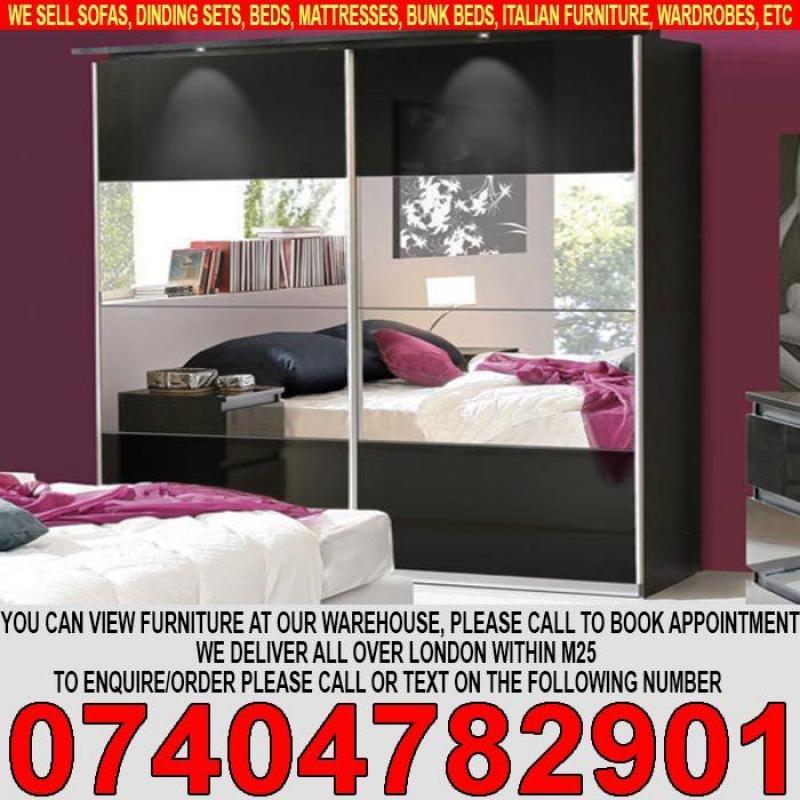 BRAND NEW Mirrored 2 Door Sliding Wardrob Shelves Hanging rails in Super High Gloss Finish