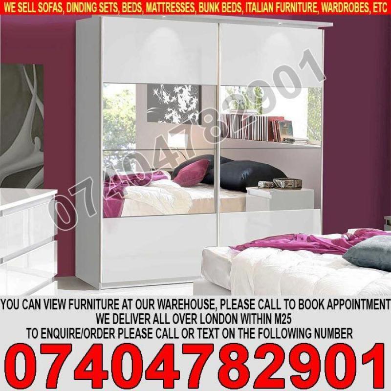 BRAND NEW Mirrored 2 Door Sliding Wardrob Shelves Hanging rails in Super High Gloss Finish