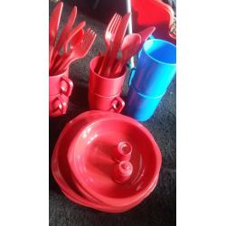 3 sauce pan and kettle set/ plastic bowls, cups, mugs, plates, some cutlery, salt and pepper shaker