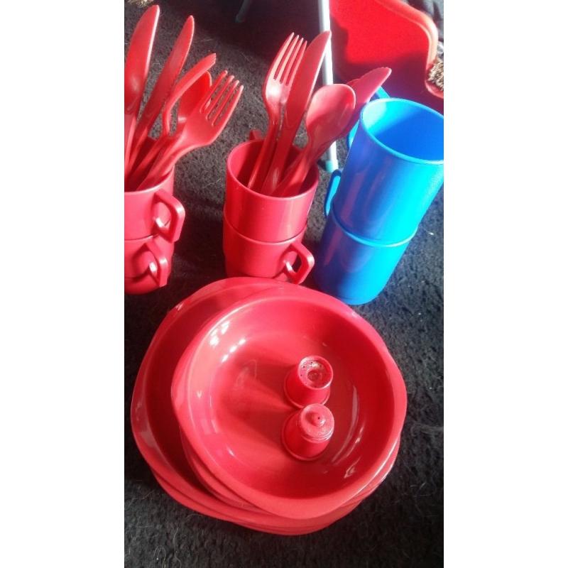 3 sauce pan and kettle set/ plastic bowls, cups, mugs, plates, some cutlery, salt and pepper shaker