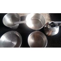 3 sauce pan and kettle set/ plastic bowls, cups, mugs, plates, some cutlery, salt and pepper shaker