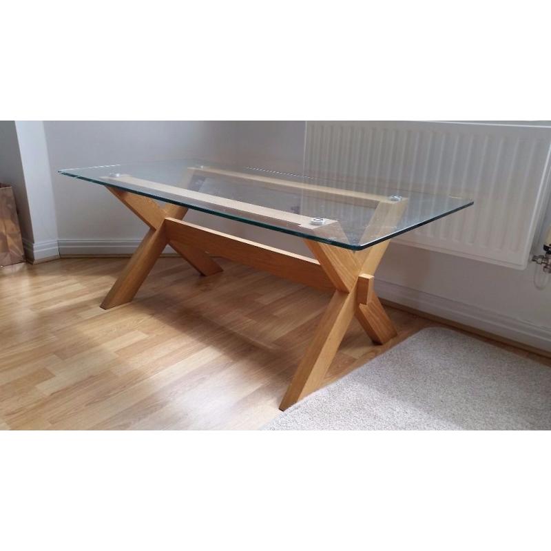 Solid Chunky Oak Wood & Glass Cross Beam Coffee Table