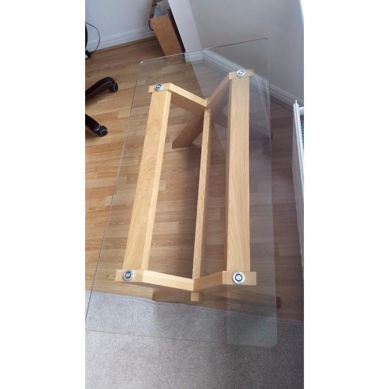 Solid Chunky Oak Wood & Glass Cross Beam Coffee Table