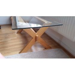 Solid Chunky Oak Wood & Glass Cross Beam Coffee Table