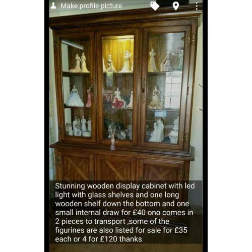 Stunning wooden display cabinet with led light with glass shelves
