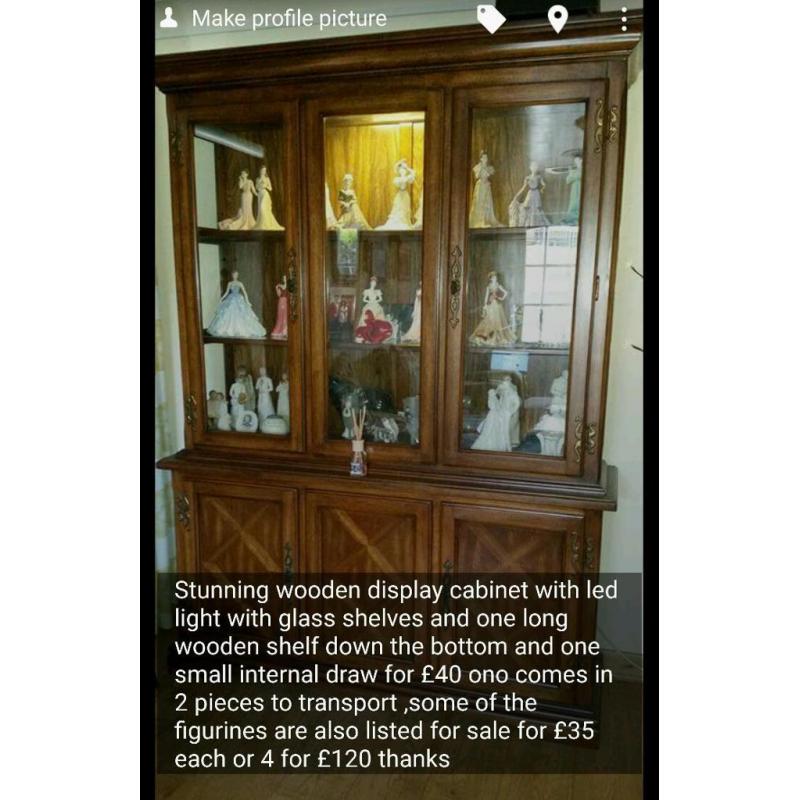 Stunning wooden display cabinet with led light with glass shelves