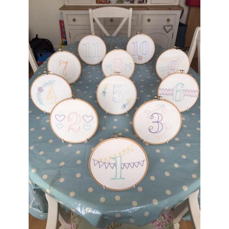 11 Hand Made Embroidered Table Numbers with Stands