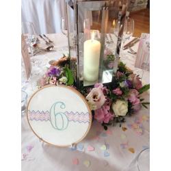 11 Hand Made Embroidered Table Numbers with Stands