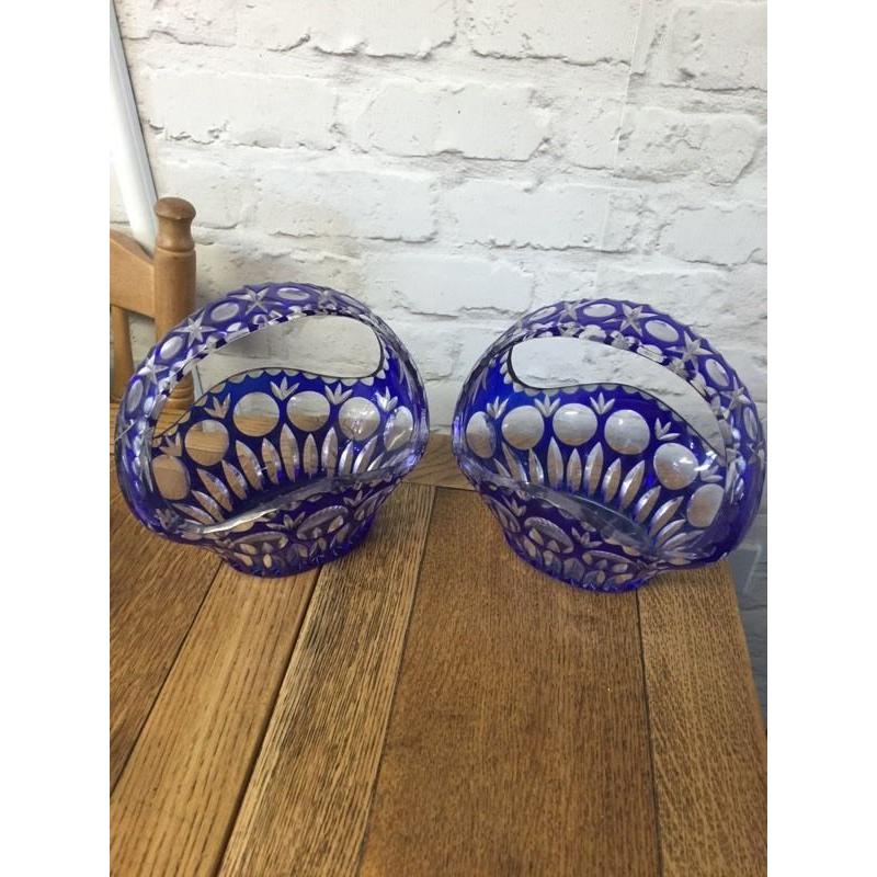 Two blue glass baskets