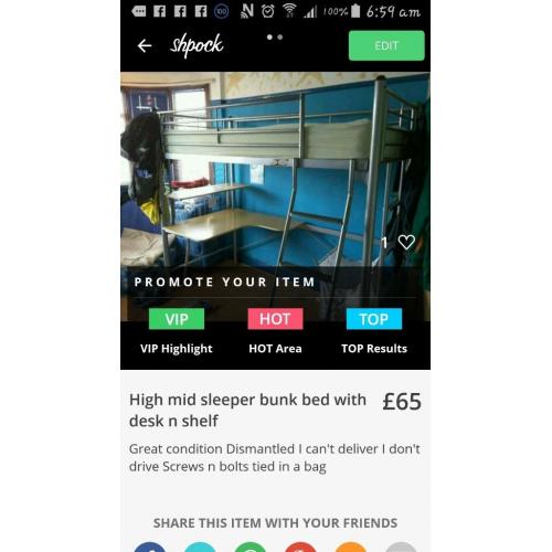 high mid sleeper no mattress great condition