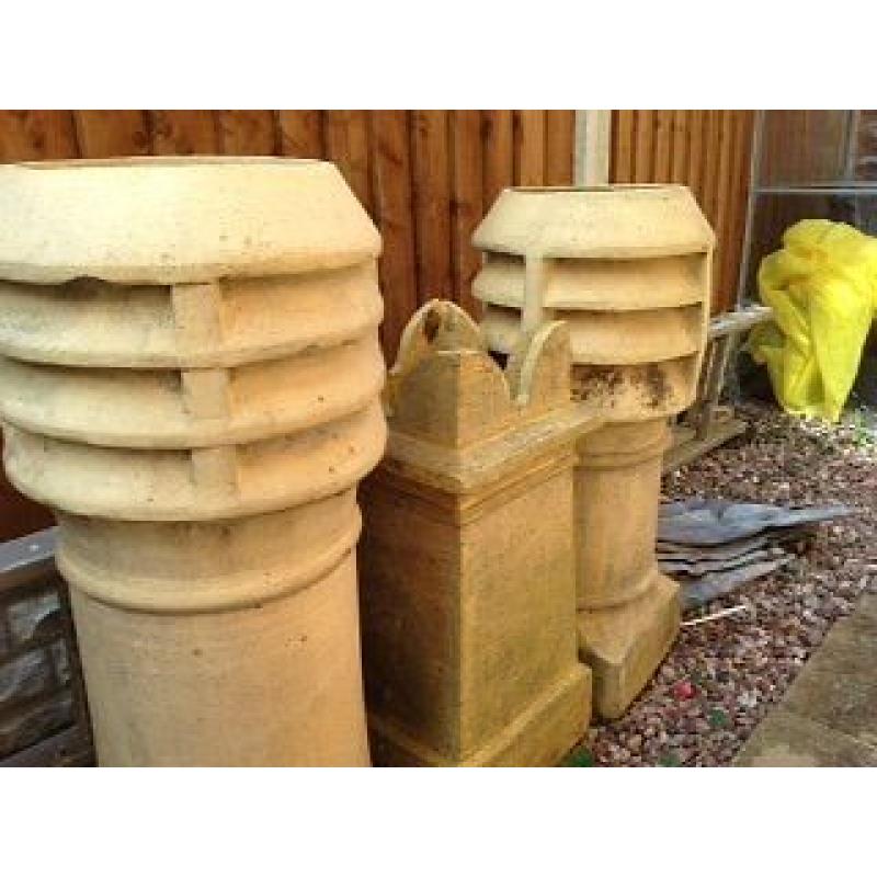 Ornamental chimney pots, light in colour three different designs and sizes .can be sold separately