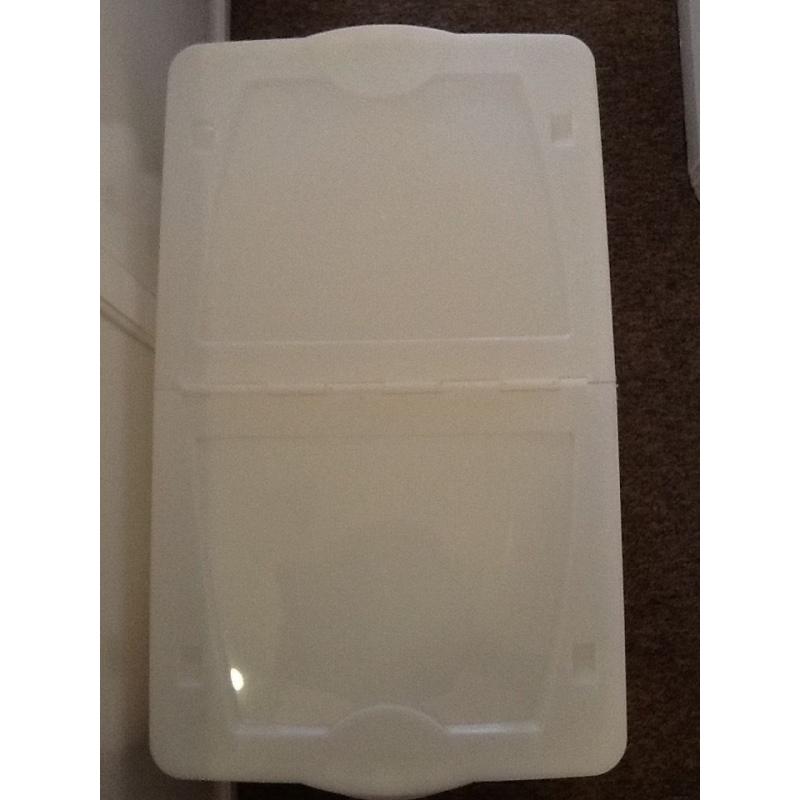 3 plastic under bed storage boxes with wheels