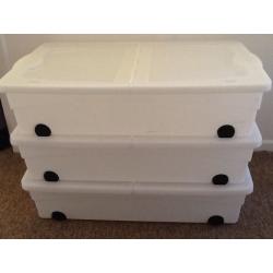 3 plastic under bed storage boxes with wheels