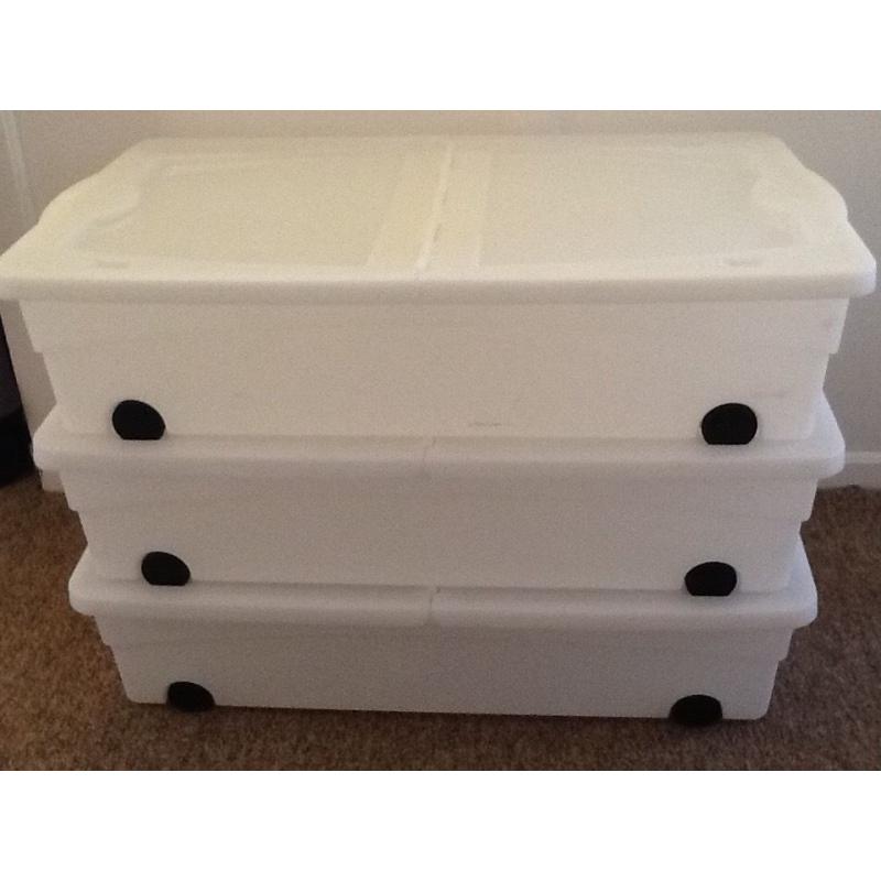 3 plastic under bed storage boxes with wheels