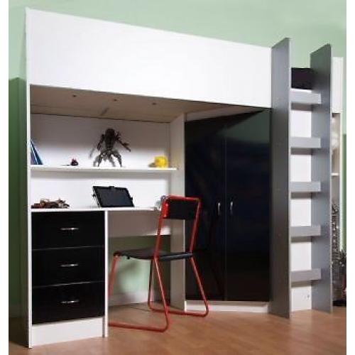 High sleeper cabin bed, with desk and wardrobe