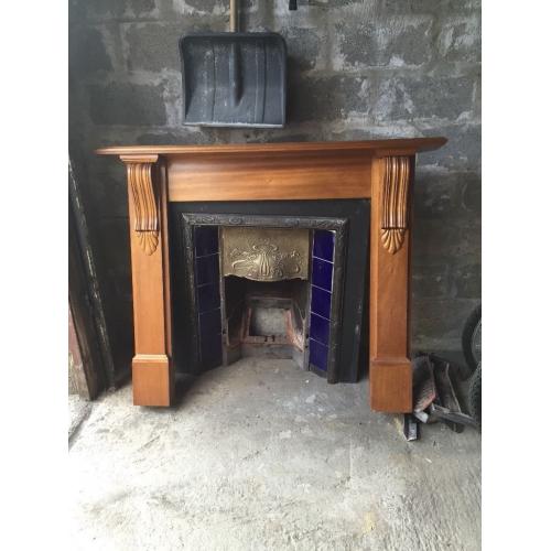 Wooden mantelpiece and fireplace inset for sale. Grate and bolts all available.