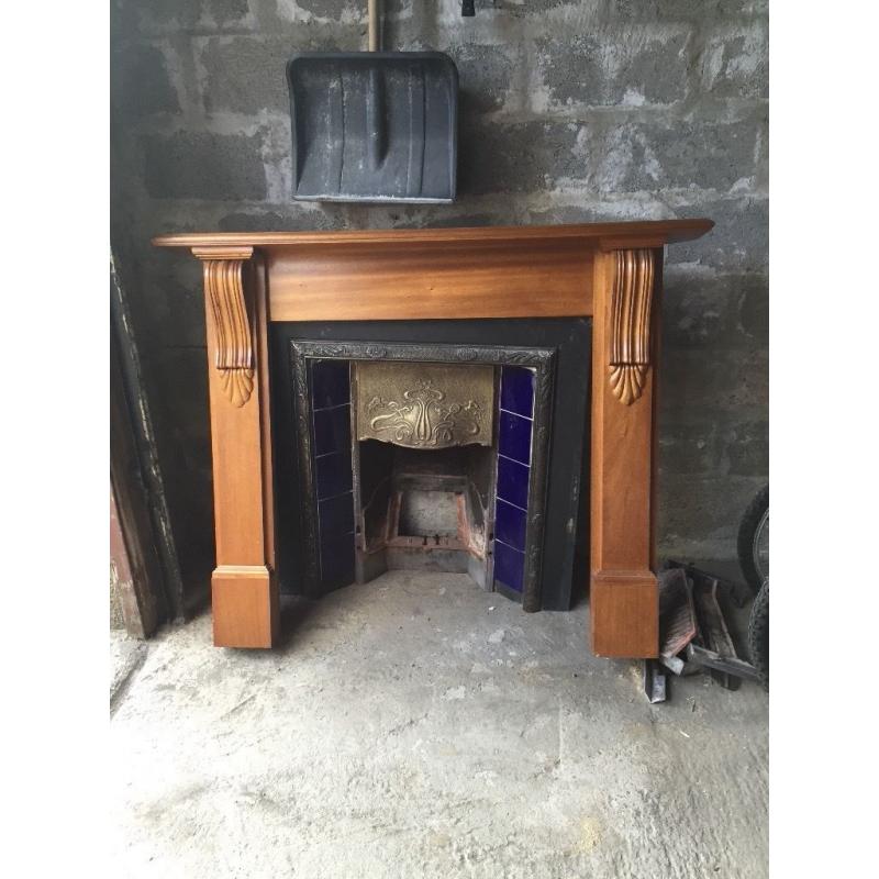 Wooden mantelpiece and fireplace inset for sale. Grate and bolts all available.