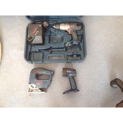 Bosch cordless drill, jigsaw and torch