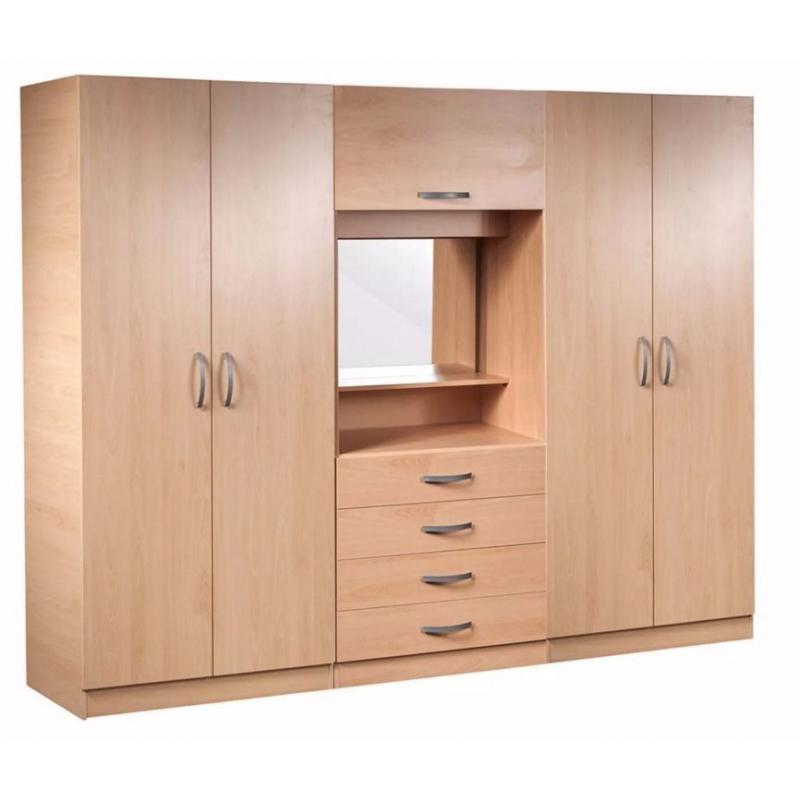 Four Door Large Wardrob with Fitted Mirror Drawers in Oak Beech White Walnut color