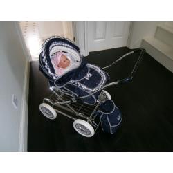 Silver Cross Dolls Pram + Baby Annabelle Doll + Baby Annabelle clothes