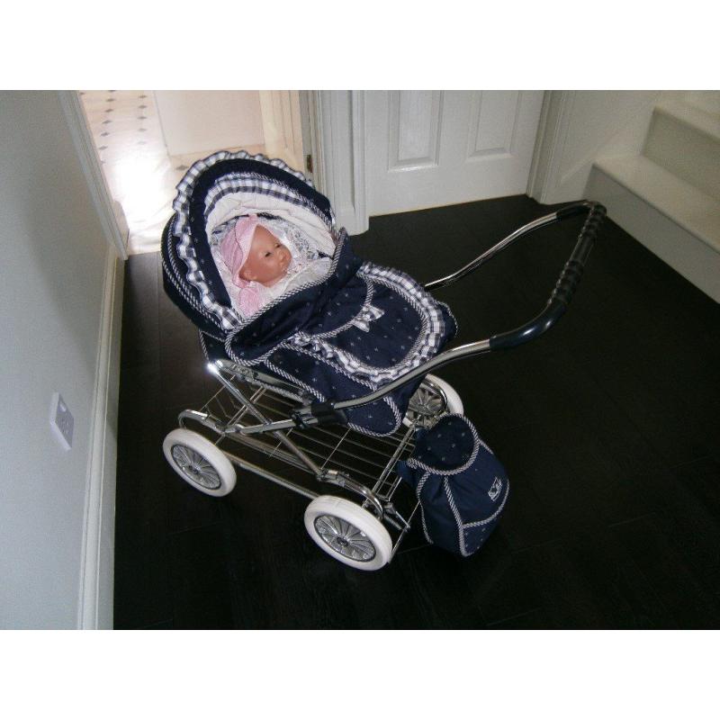 Silver Cross Dolls Pram + Baby Annabelle Doll + Baby Annabelle clothes