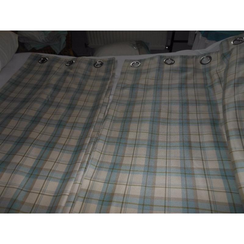 Pair curtains. Quality polyester in duck egg colour check design. Each 226cm wide x 160cm length