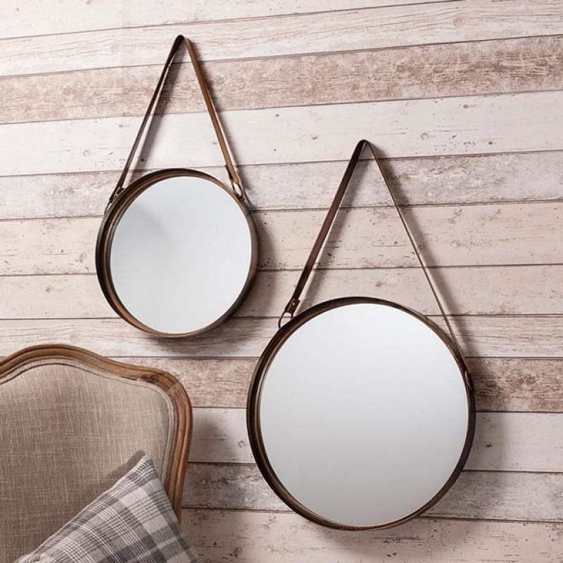 2 circular mirrors with leather hanging strap