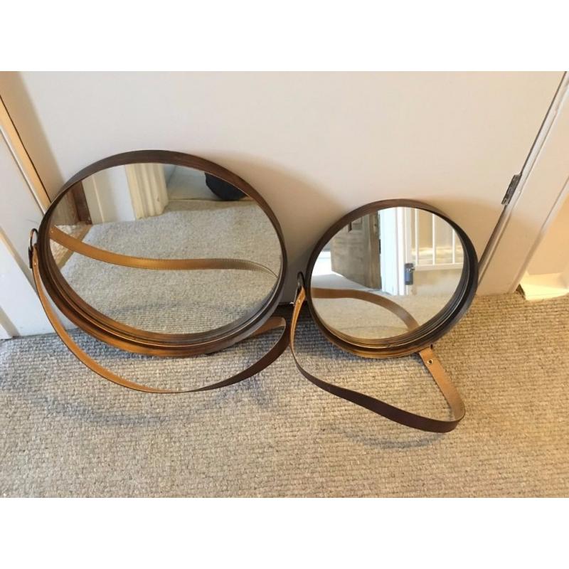 2 circular mirrors with leather hanging strap