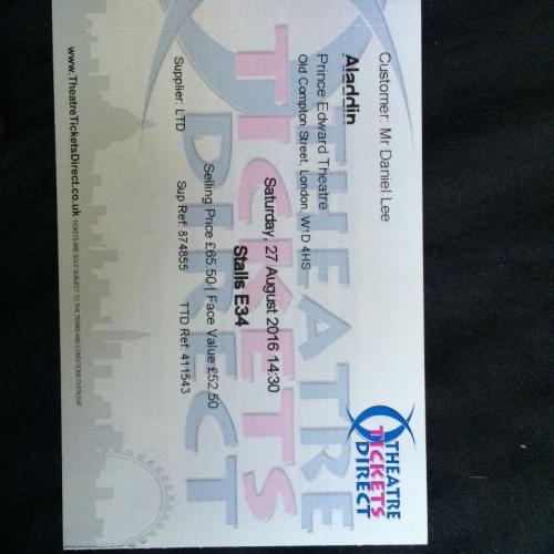 2x Aladdin theatre tickets @ prince Edward theatre London