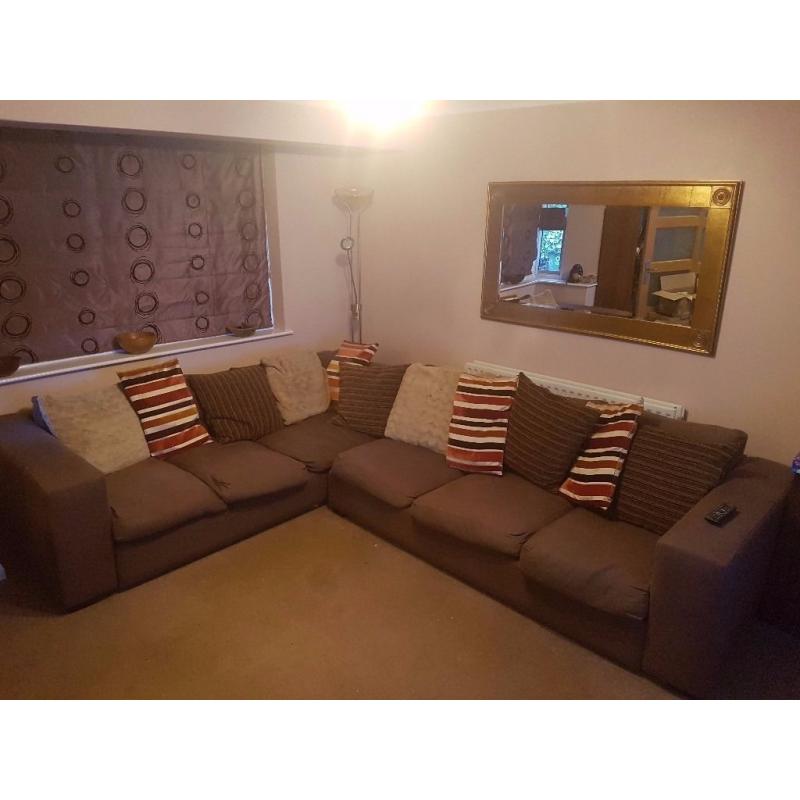 Chocolate brown L-shaped sofa 325cm by 240cm by 110cm deep