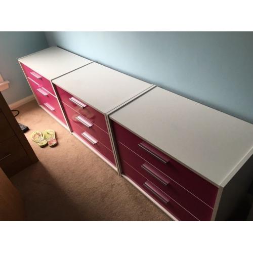 3 sets of drawers and 2 bedside cabinets