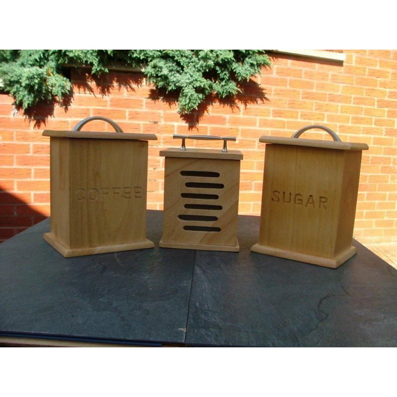 3 Wooden tea sugar coffee caddys