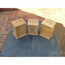 3 Wooden tea sugar coffee caddys