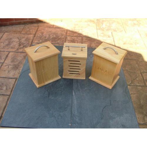 3 Wooden tea sugar coffee caddys