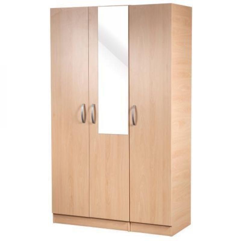 ALREADY ASSEMBLED THREE DOOR WARDROBE WITH SHELVES HANGING RAILS IN BEECH BROWN OAK WHITE PRE FITTED