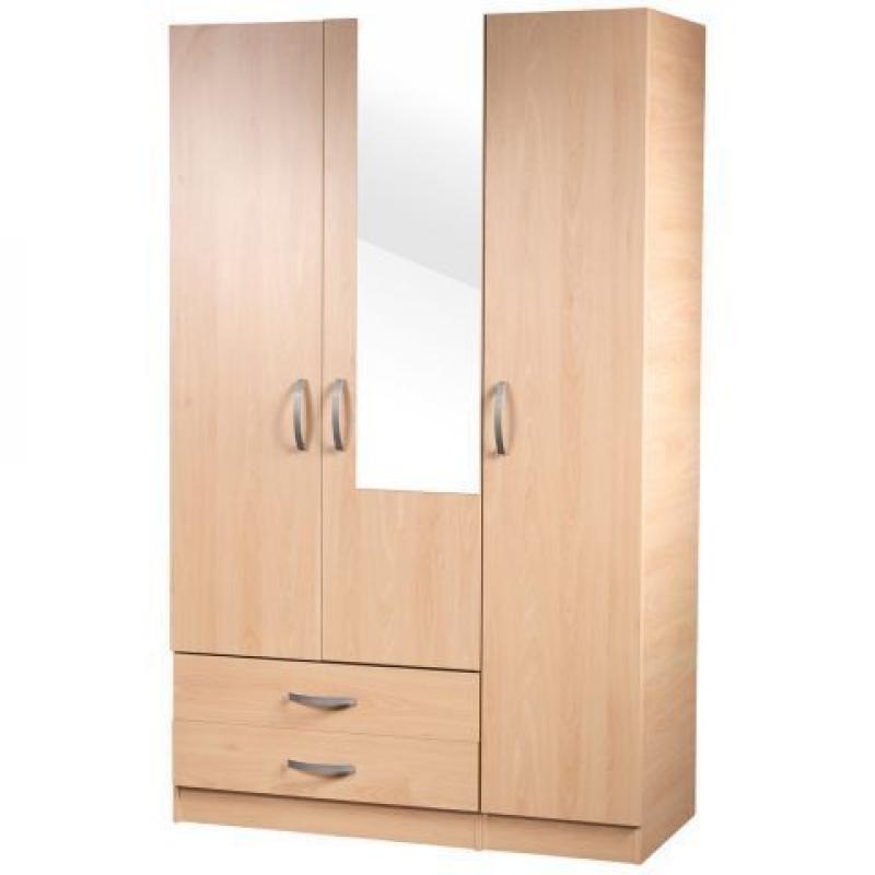 ALREADY ASSEMBLED THREE DOOR WARDROBE WITH SHELVES HANGING RAILS IN BEECH BROWN OAK WHITE PRE FITTED