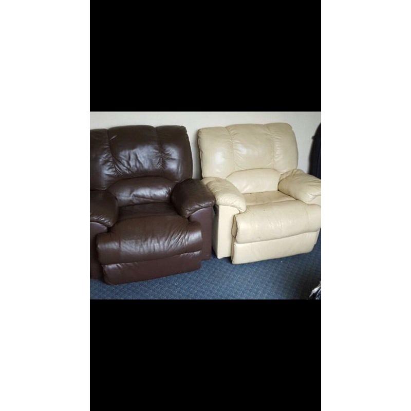 Cream and brown leather recliners