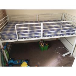 IKEA white loft bed. Perfect for storage.