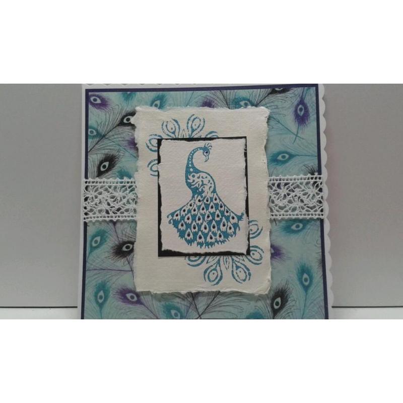 handmade Peacock design card using Indian block printing onto recycled cotton rag paper