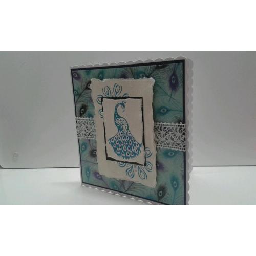 handmade Peacock design card using Indian block printing onto recycled cotton rag paper
