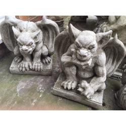 Pair stone winged Gargolyes garden ornaments