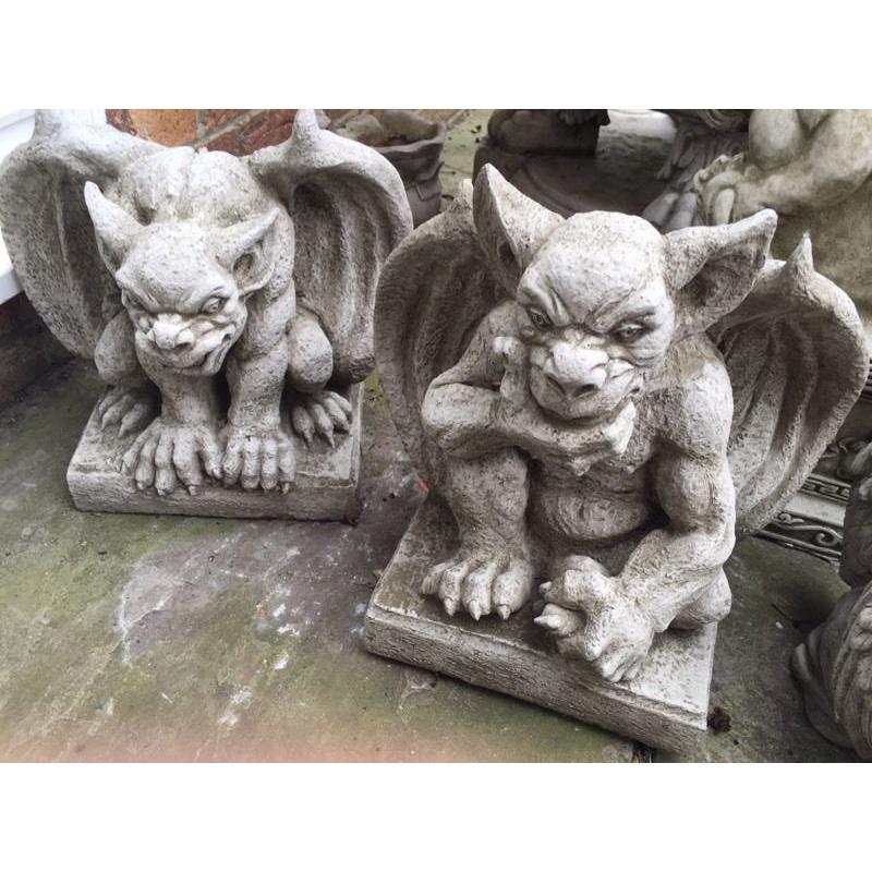 Pair stone winged Gargolyes garden ornaments