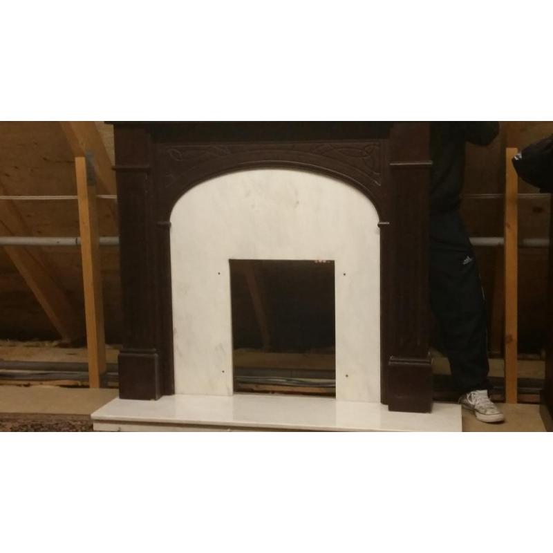 Mahogany Fire Place surround with Real Marble (not conglomerate) back and base, will split if req'd
